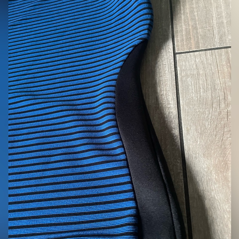 Blue striped dress with black on the sides